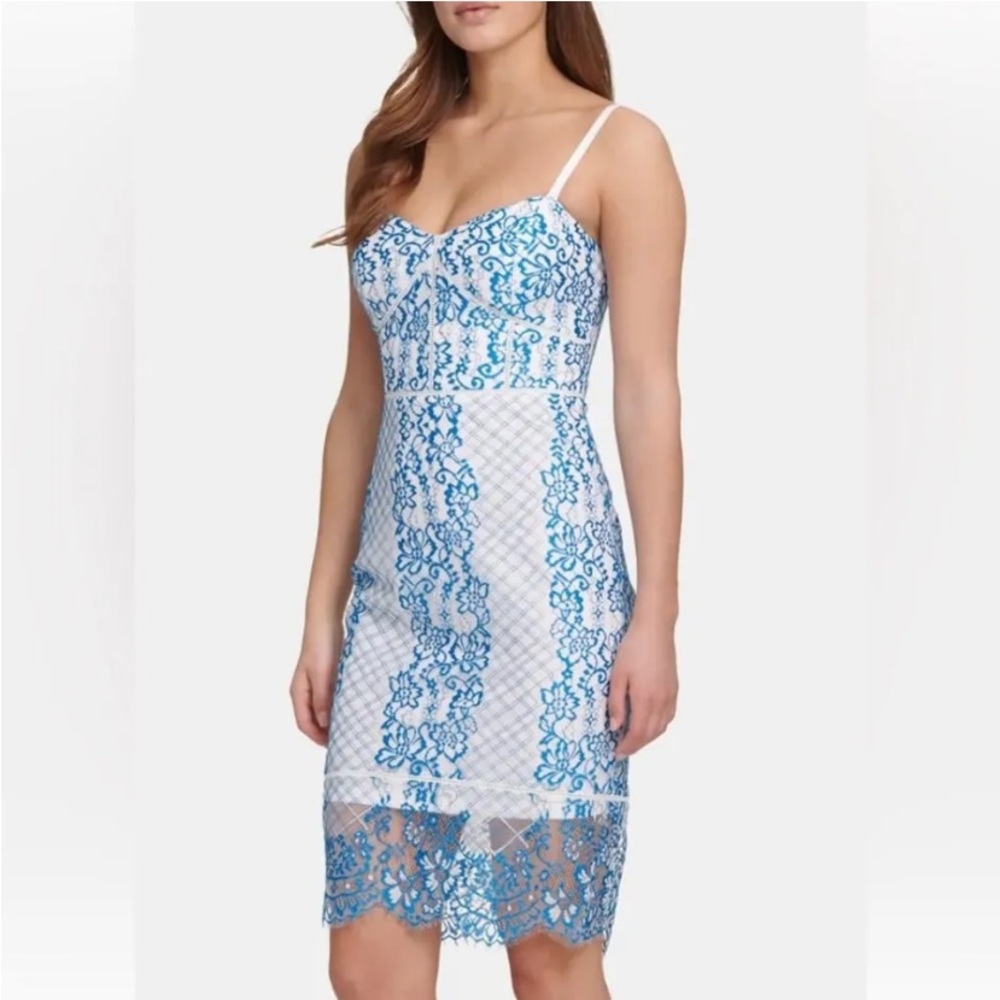 GUESS Spaghetti Strap White Blue Lace Formal Dress